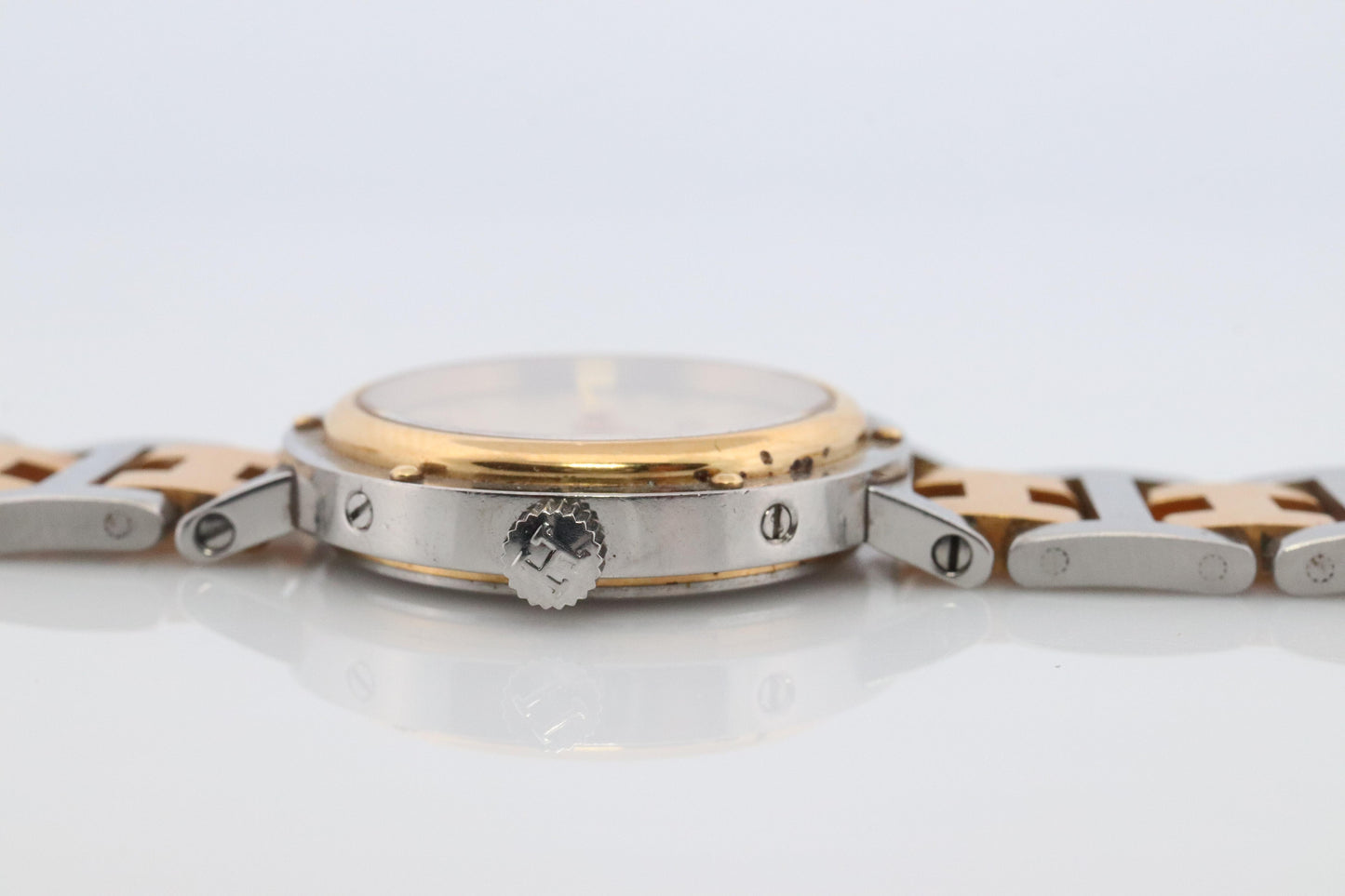 Genuine HERMES Stainless Steel 24mm Round Clipper Quartz Watch Champagne Dial.