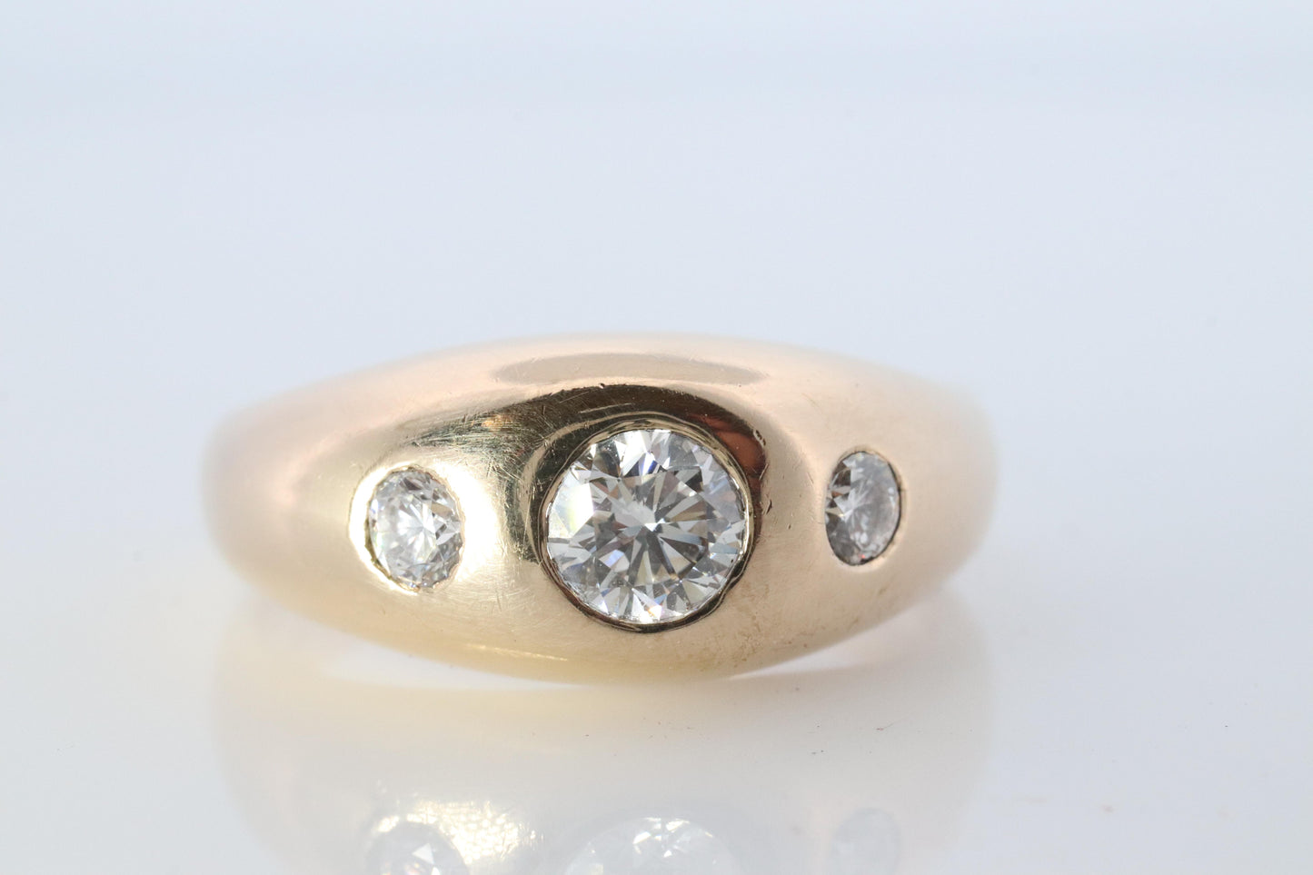 Antique 14k Triple Diamond 1ctw ring. Gypsy Diamond bezel set into Signet band.