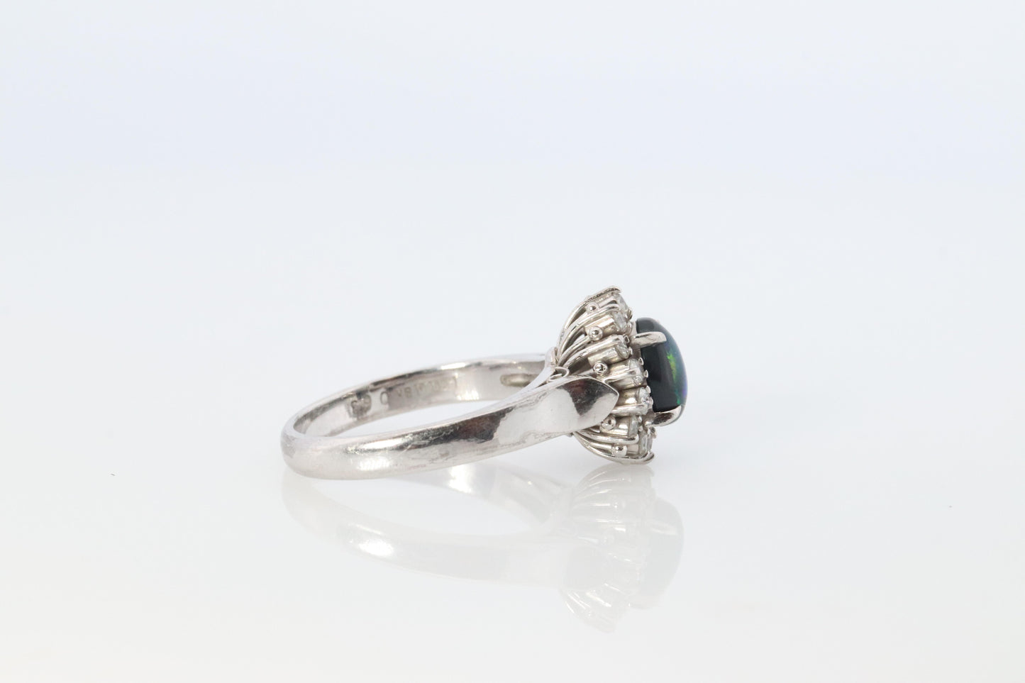 Black Opal Diamond Ring. PT900 Platinum Opal Diamond Halo Ballerina Ring Band.