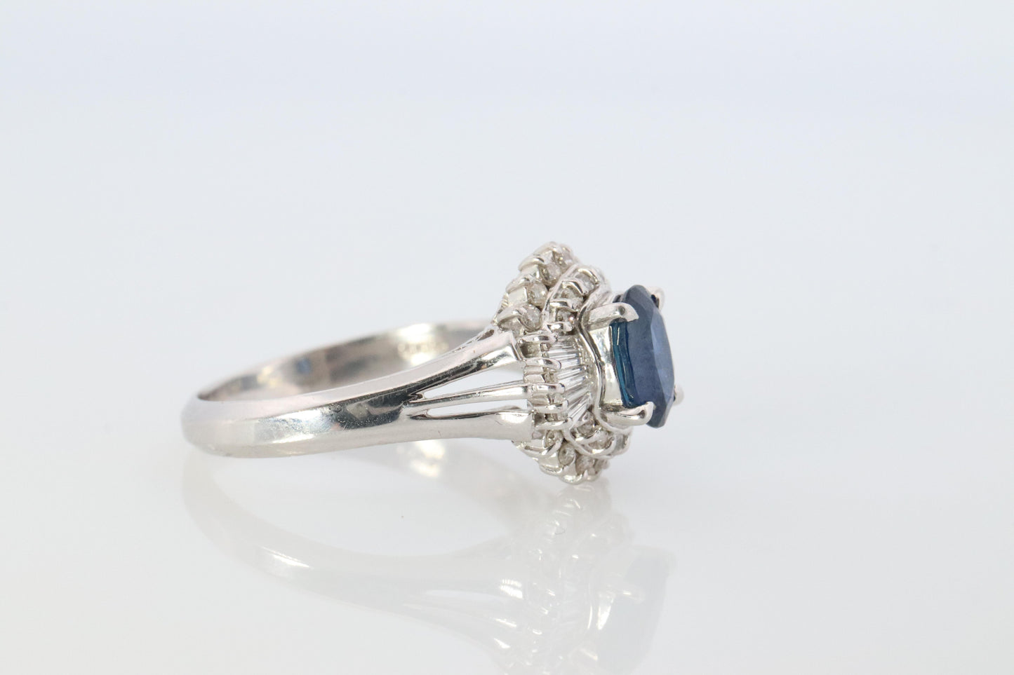 Sapphire and diamond Halo ring. Platinum Blue natural sapphire Ballerina ring