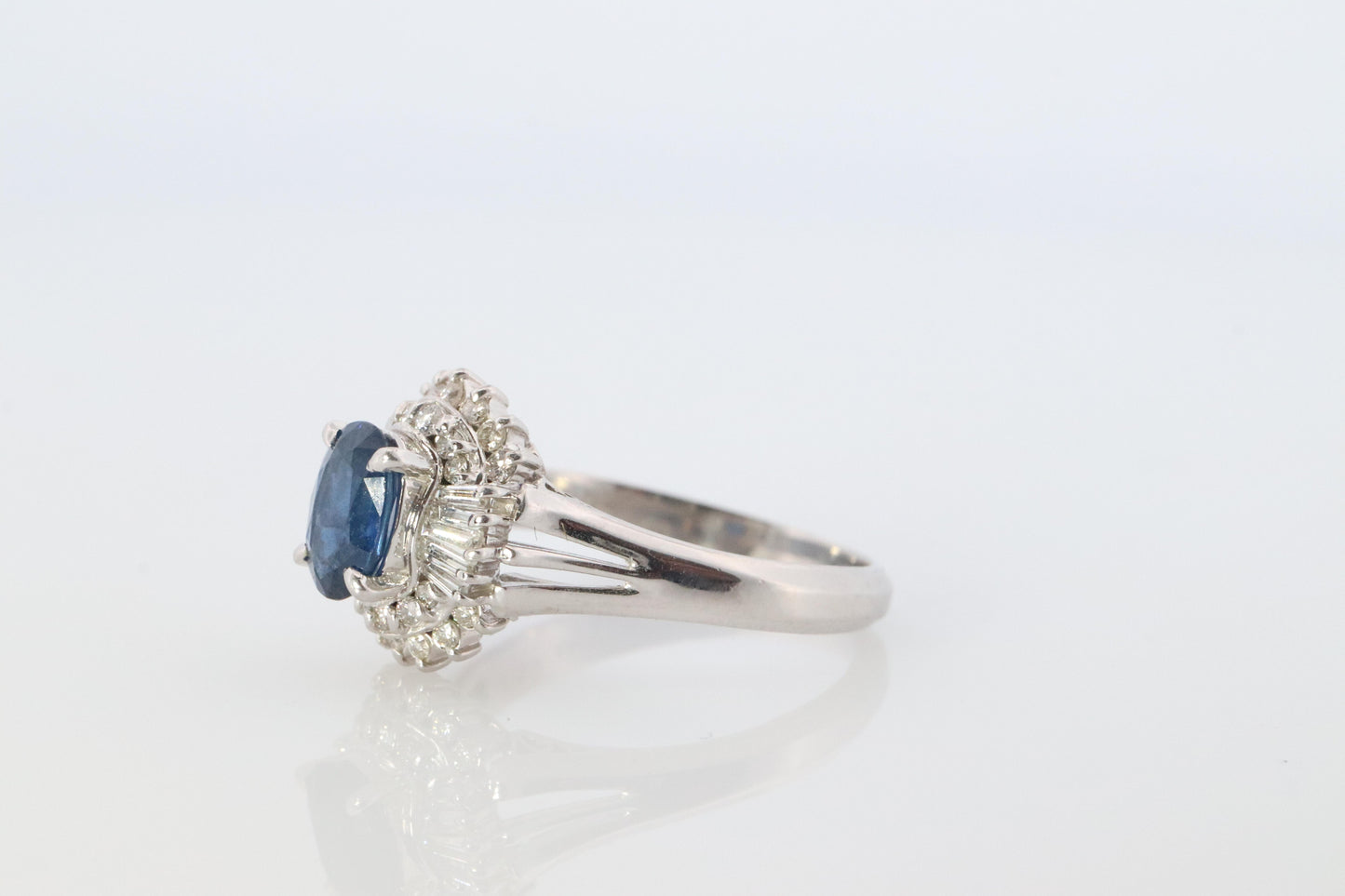 Sapphire and diamond Halo ring. Platinum Blue natural sapphire Ballerina ring