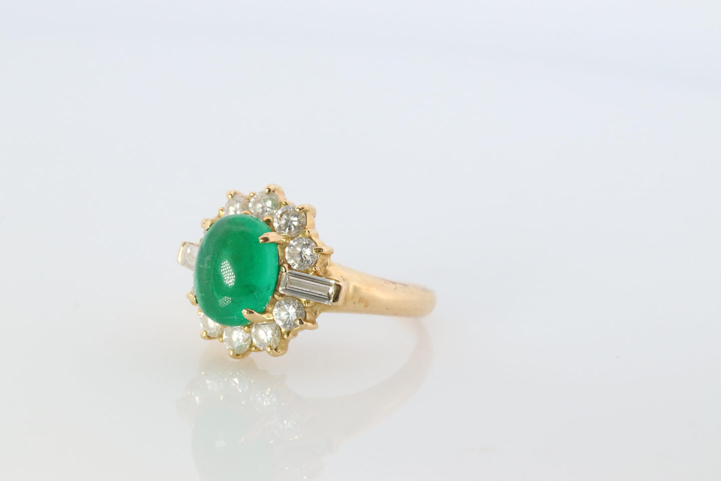 18k Emerald and Diamond Halo yellow gold ring. Natural Emerald Cabochon ring.