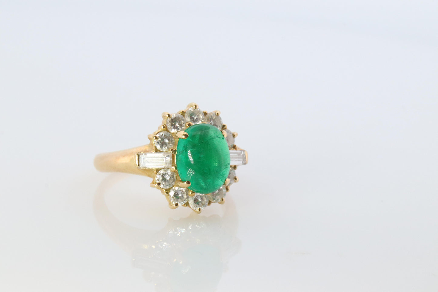 18k Emerald and Diamond Halo yellow gold ring. Natural Emerald Cabochon ring.
