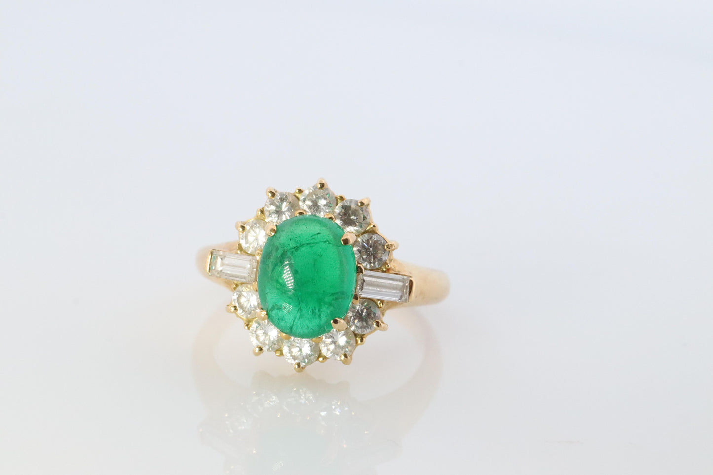 18k Emerald and Diamond Halo yellow gold ring. Natural Emerald Cabochon ring.
