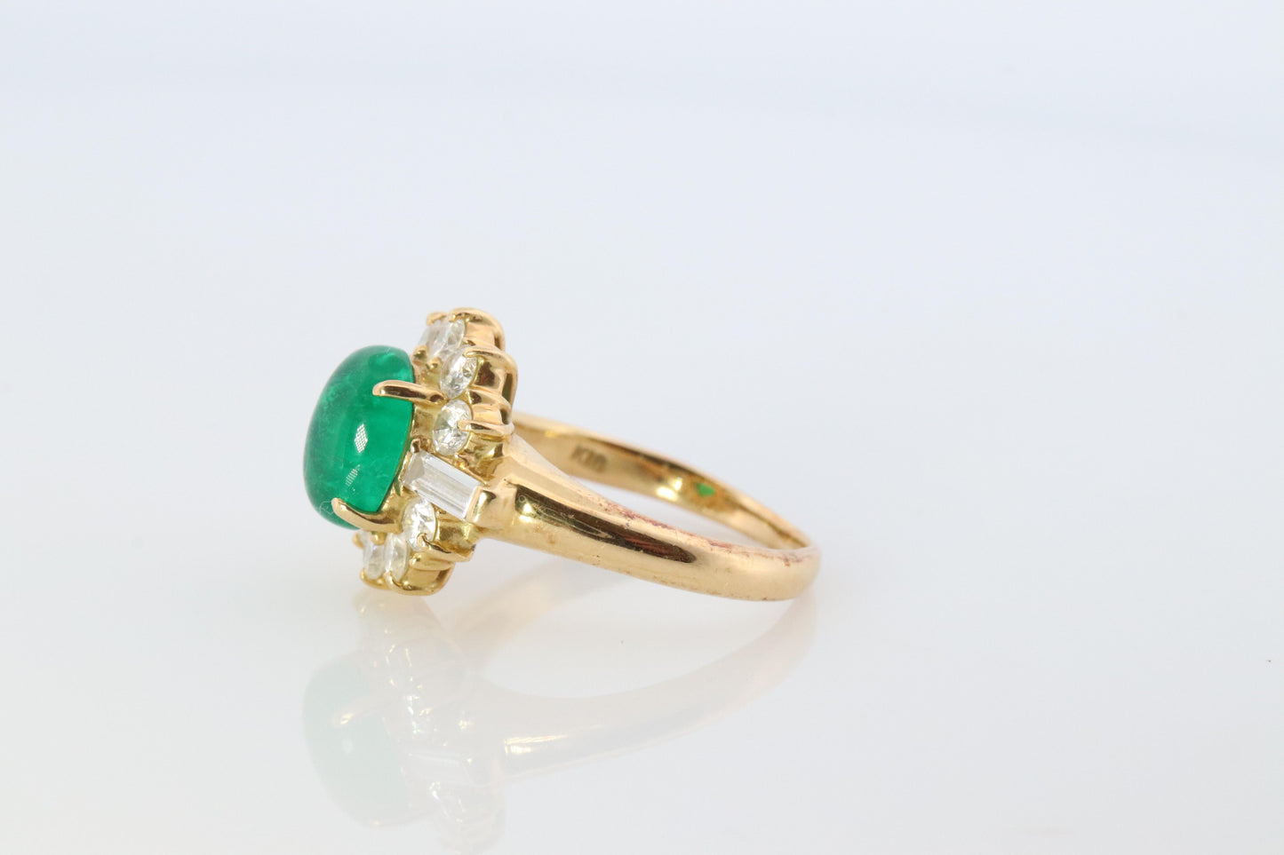 18k Emerald and Diamond Halo yellow gold ring. Natural Emerald Cabochon ring.