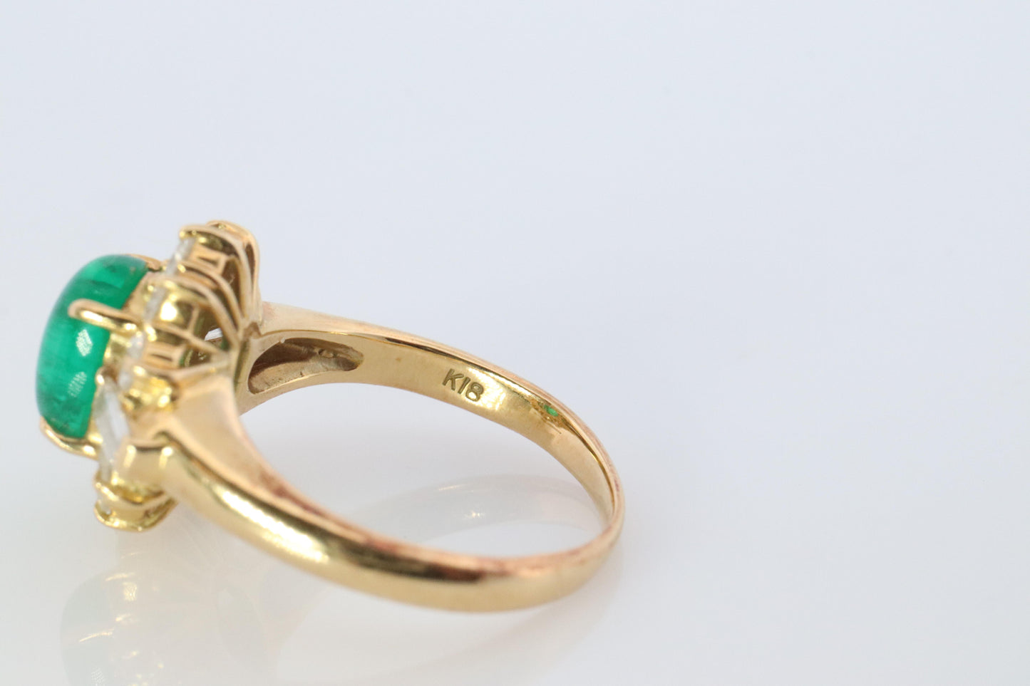18k Emerald and Diamond Halo yellow gold ring. Natural Emerald Cabochon ring.