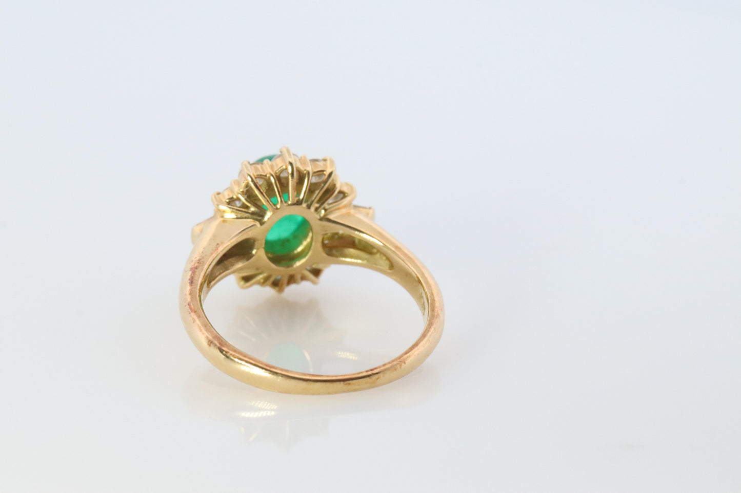 18k Emerald and Diamond Halo yellow gold ring. Natural Emerald Cabochon ring.