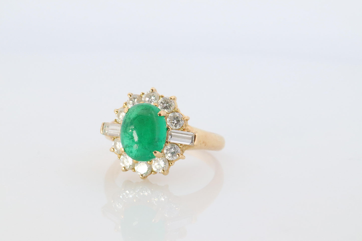18k Emerald and Diamond Halo yellow gold ring. Natural Emerald Cabochon ring.