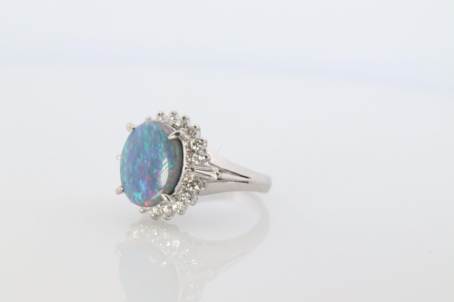 Black Opal Diamond Ring. PT900 Platinum Opal Diamond Halo Ballerina Ring Band.