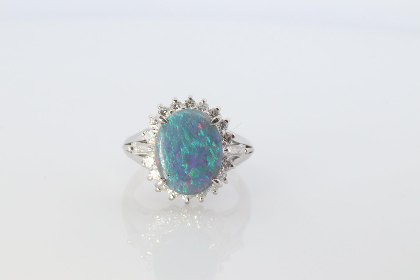 Black Opal Diamond Ring. PT900 Platinum Opal Diamond Halo Ballerina Ring Band.