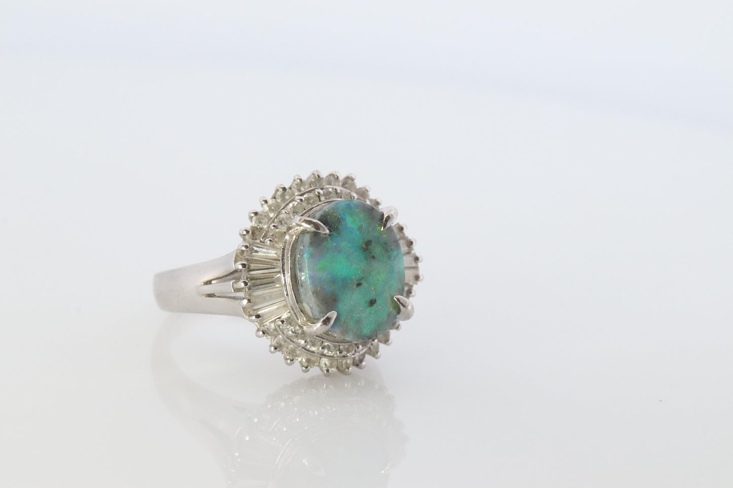 Black Opal Diamond Ring. PT850 Platinum Opal Diamond Halo Ballerina Ring Band.