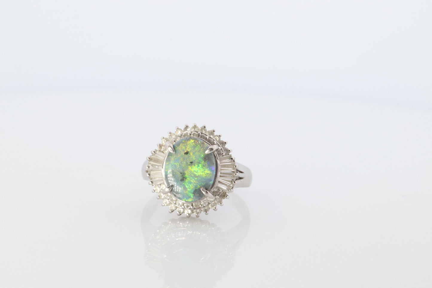 Black Opal Diamond Ring. PT850 Platinum Opal Diamond Halo Ballerina Ring Band.