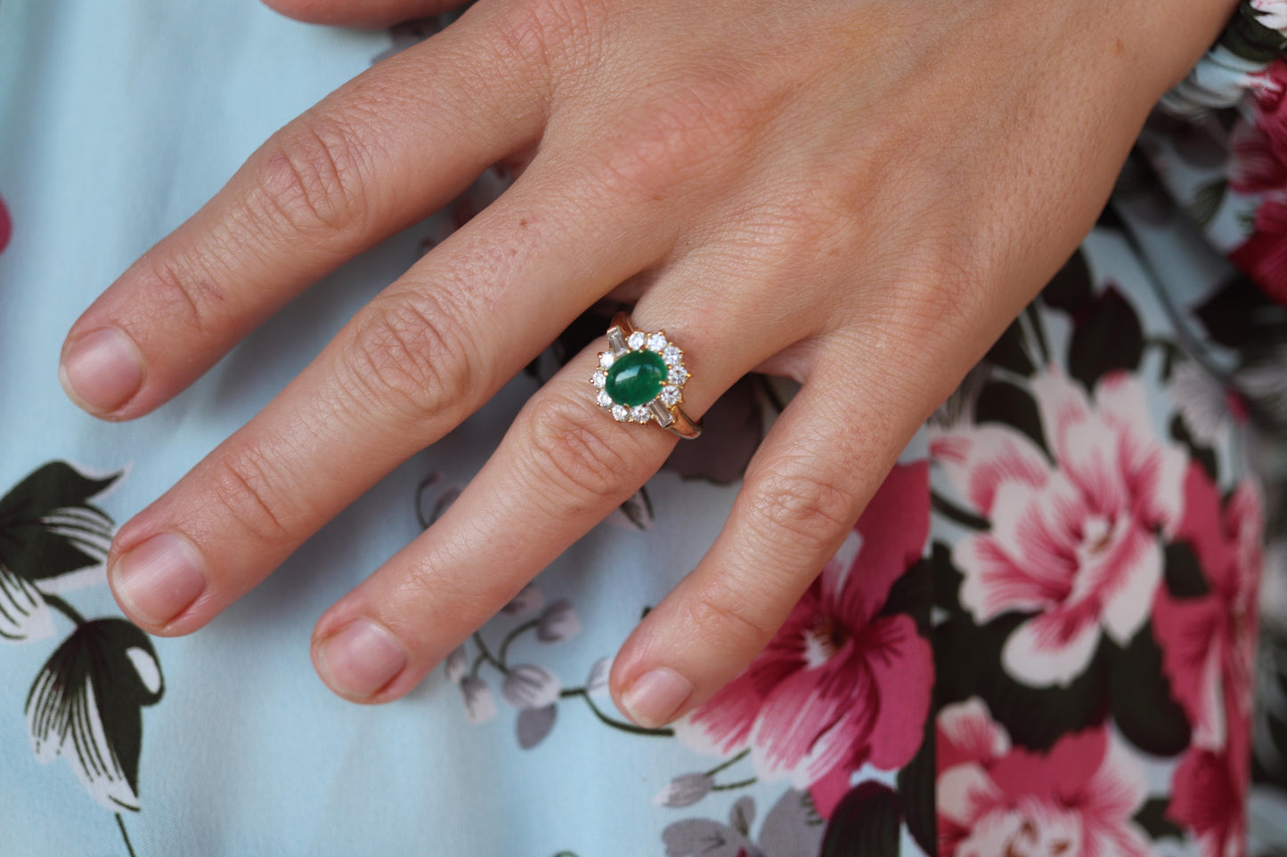 18k Emerald and Diamond Halo yellow gold ring. Natural Emerald Cabochon ring.