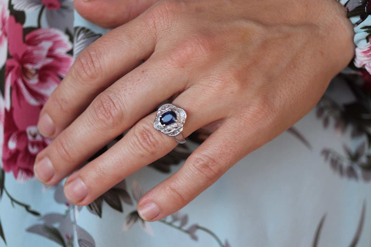 Sapphire and diamond Ballerina ring. Platinum Blue natural sapphire HALO ring
