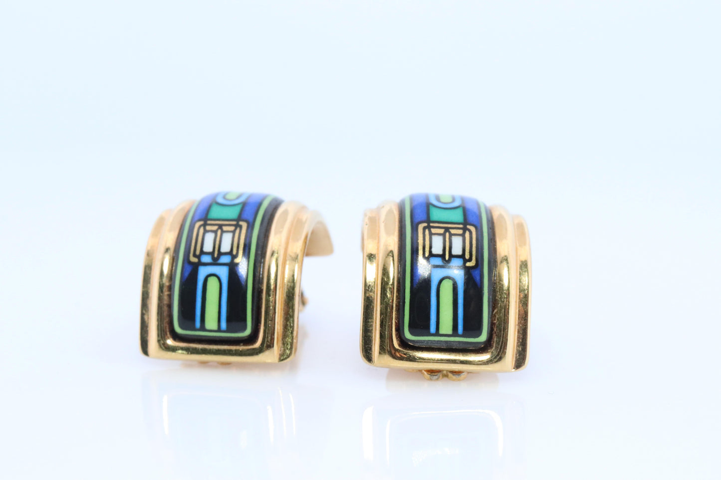 Hermes Earrings. Genuine Vintage Hermes cloisonne enamel golden earrings Clip on