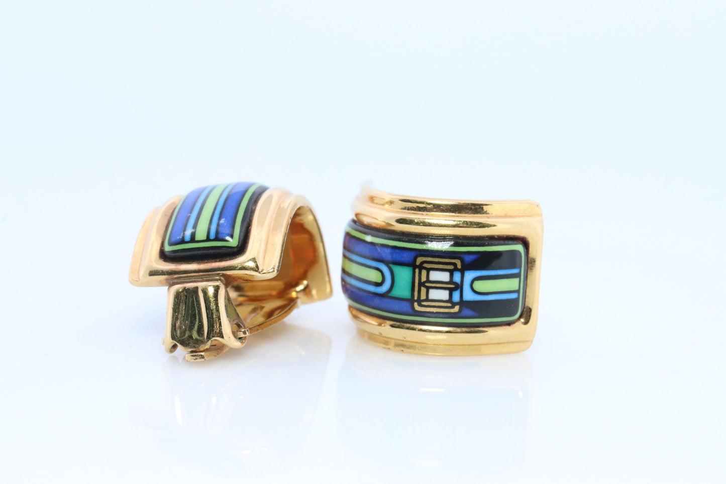 Hermes Earrings. Genuine Vintage Hermes cloisonne enamel golden earrings Clip on