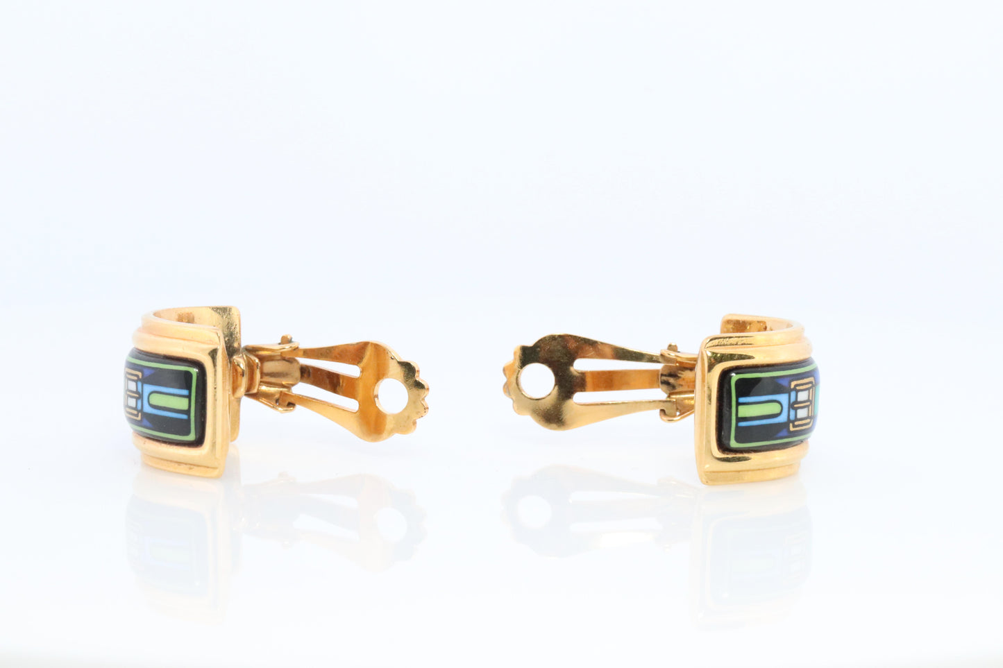 Hermes Earrings. Genuine Vintage Hermes cloisonne enamel golden earrings Clip on