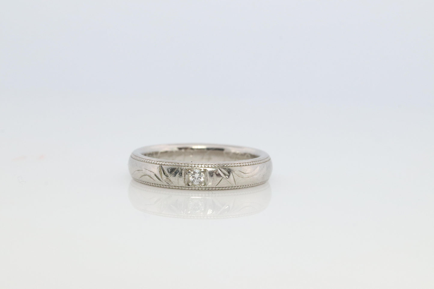 Mikimoto Milgrain Ring. Platinum Mikimoto Diamond Bezel Engraved PT950 Band