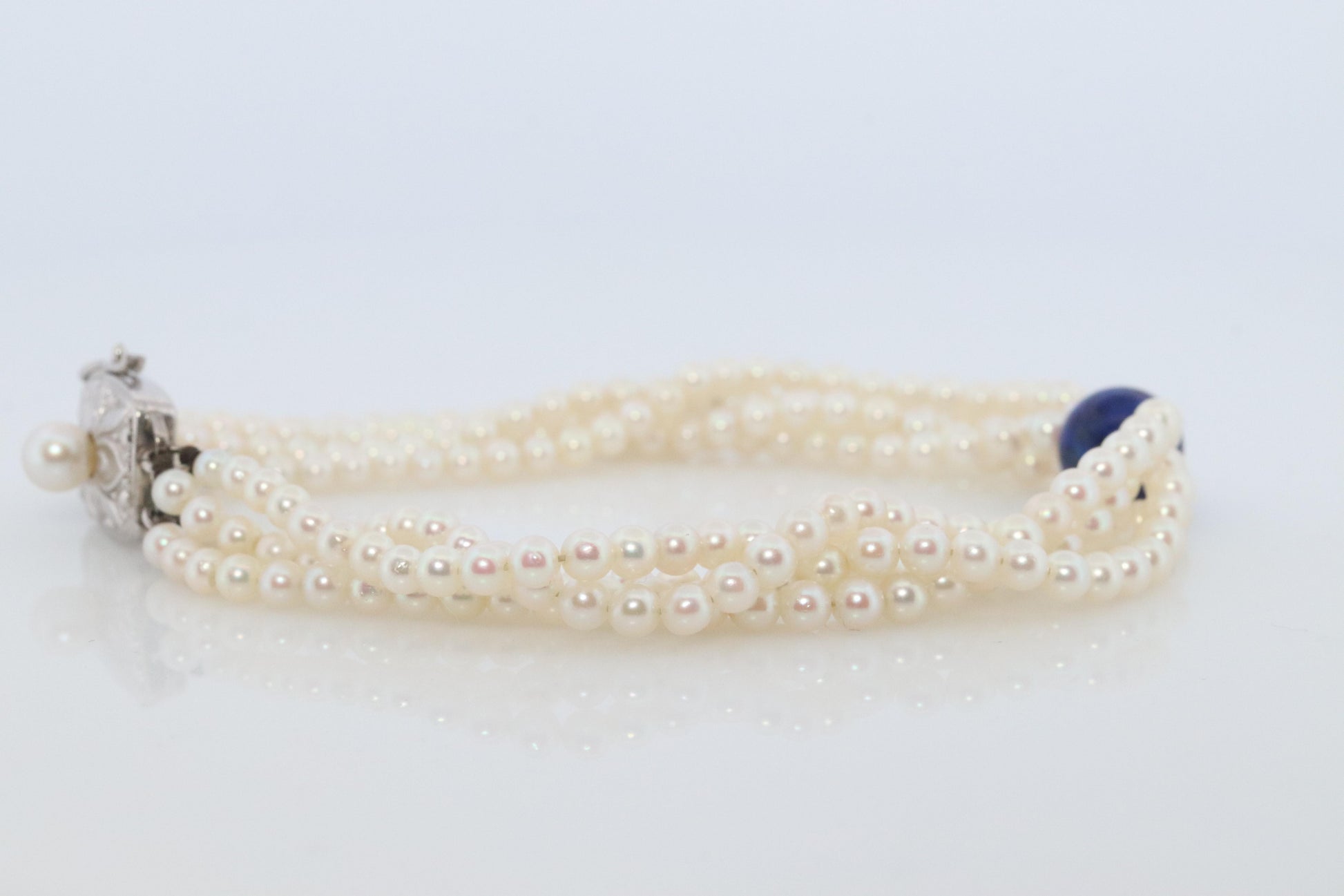 Mikimoto Bracelet. Vintage 14k Gold Mikimoto Pearl Strand Bracelet Lapis Lazuli.