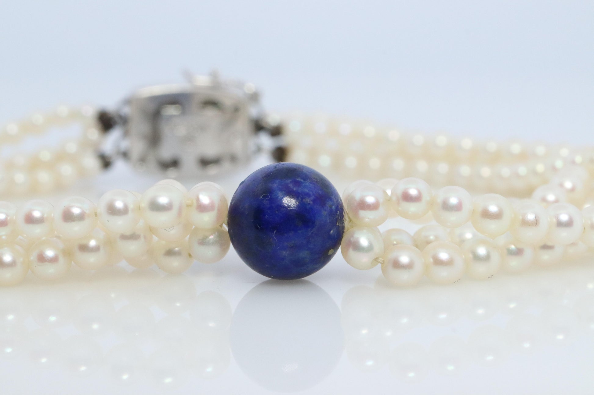 Mikimoto Bracelet. Vintage 14k Gold Mikimoto Pearl Strand Bracelet Lapis Lazuli.