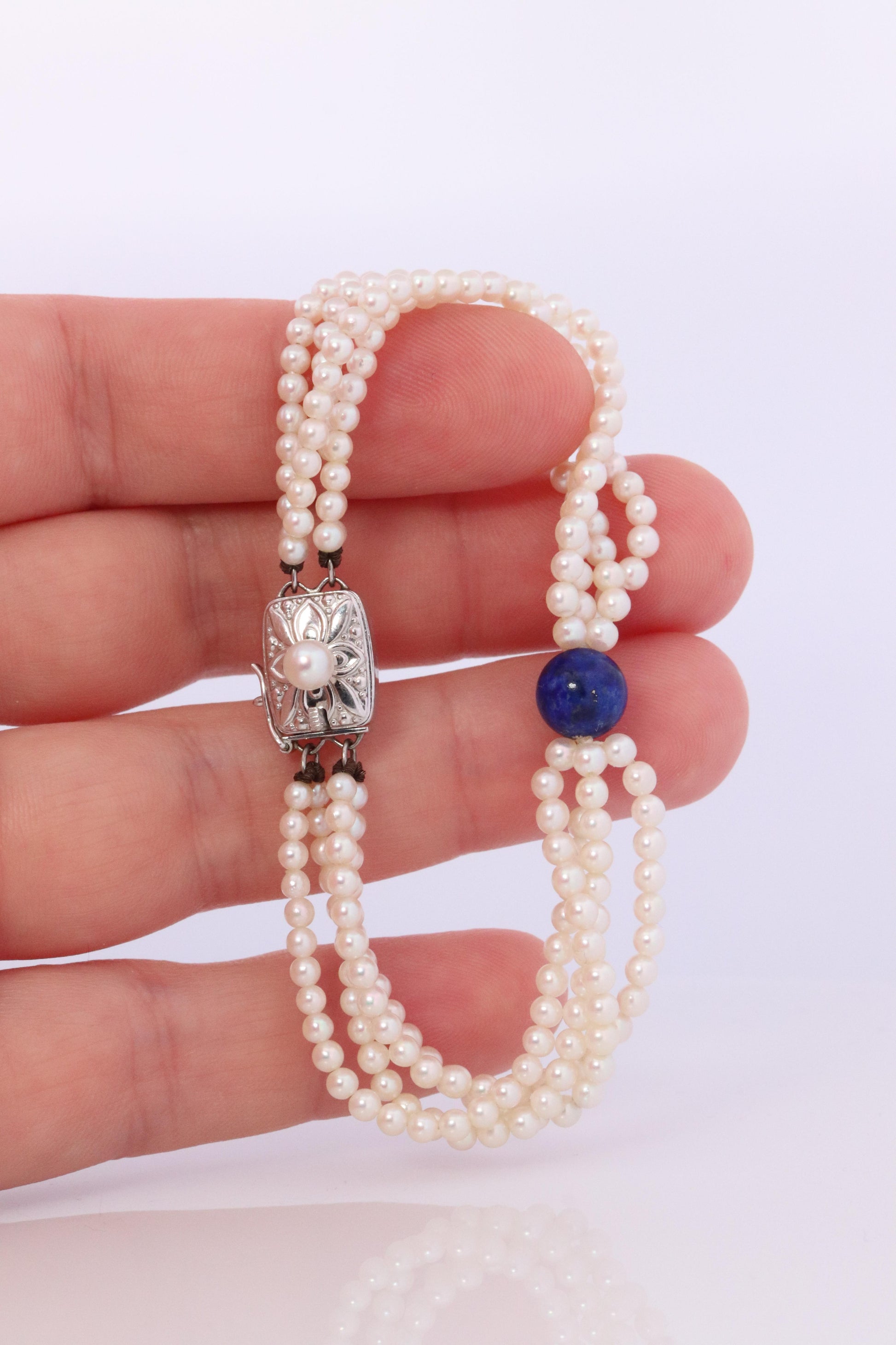 Mikimoto Bracelet. Vintage 14k Gold Mikimoto Pearl Strand Bracelet Lapis Lazuli.