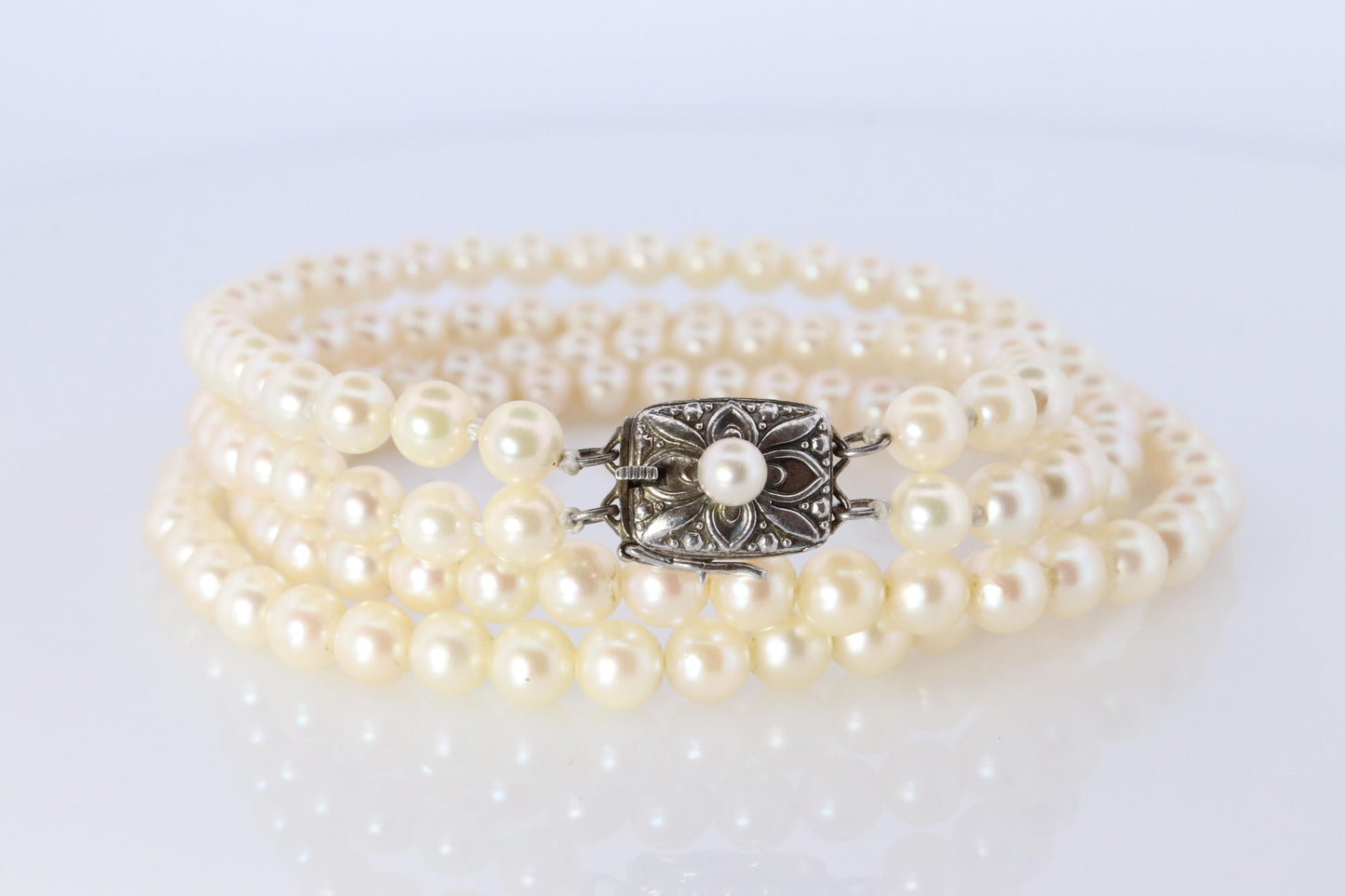 MIKIMOTO Sterling Silver Pearl Necklace. Mikimoto Double Strand Necklace