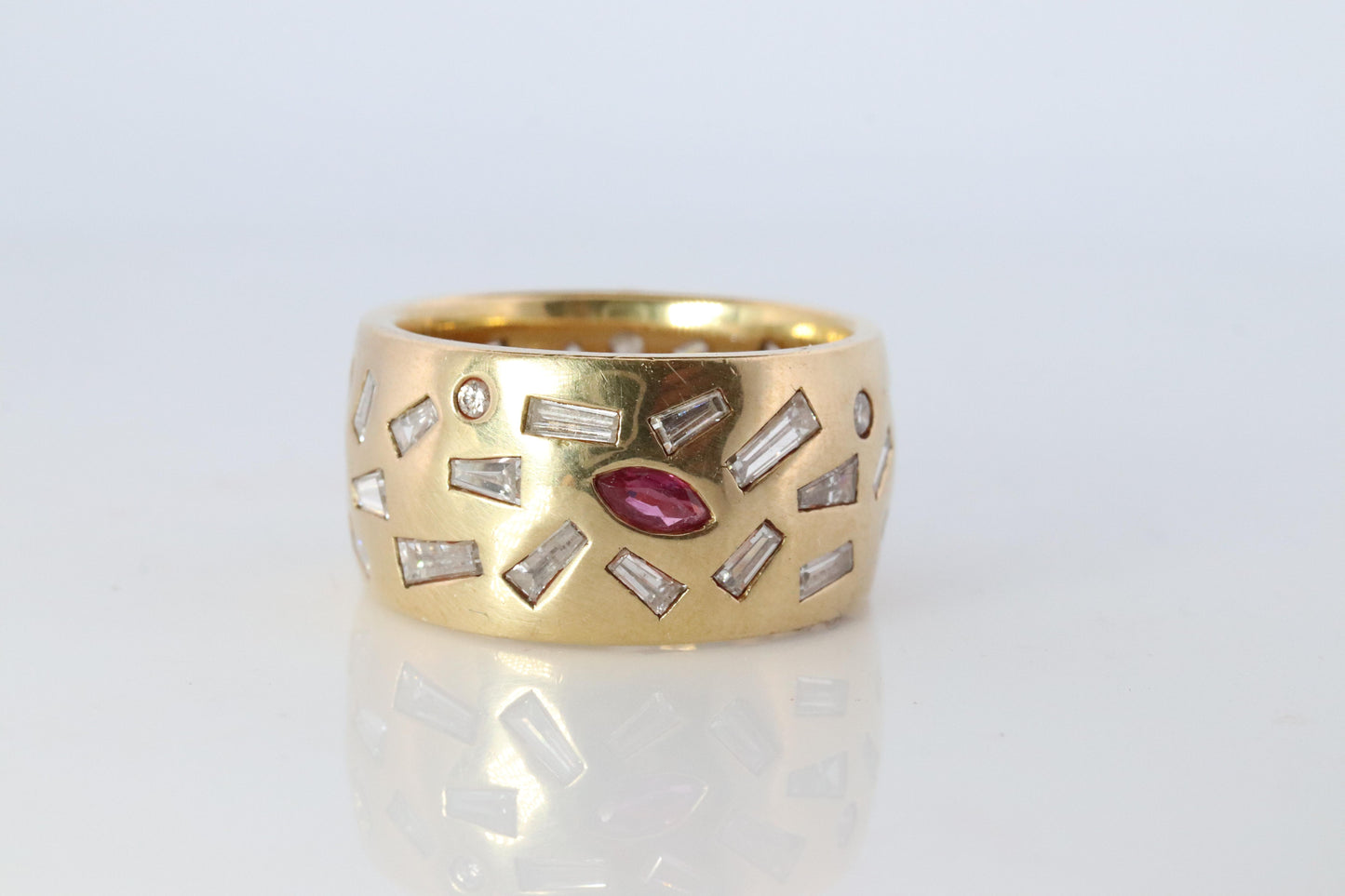 18k Confetti wide band. 2CTW Diamond Ruby Sapphire Emerald Scattered Cigar ring