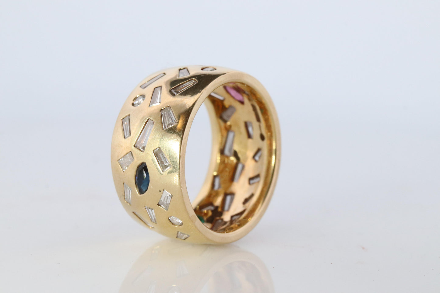 18k Confetti wide band. 2CTW Diamond Ruby Sapphire Emerald Scattered Cigar ring