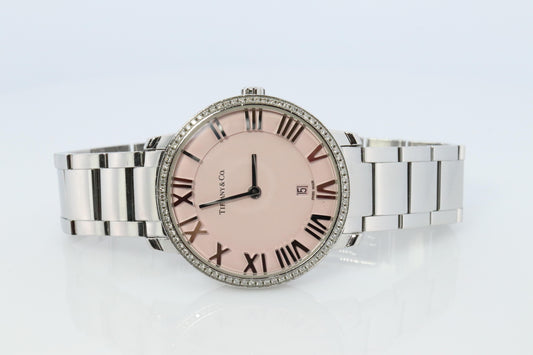 Tiffany and Co Watch. Tiffany Atlas Diamond Bezel 31mm PINK Dial Ladies Watch.