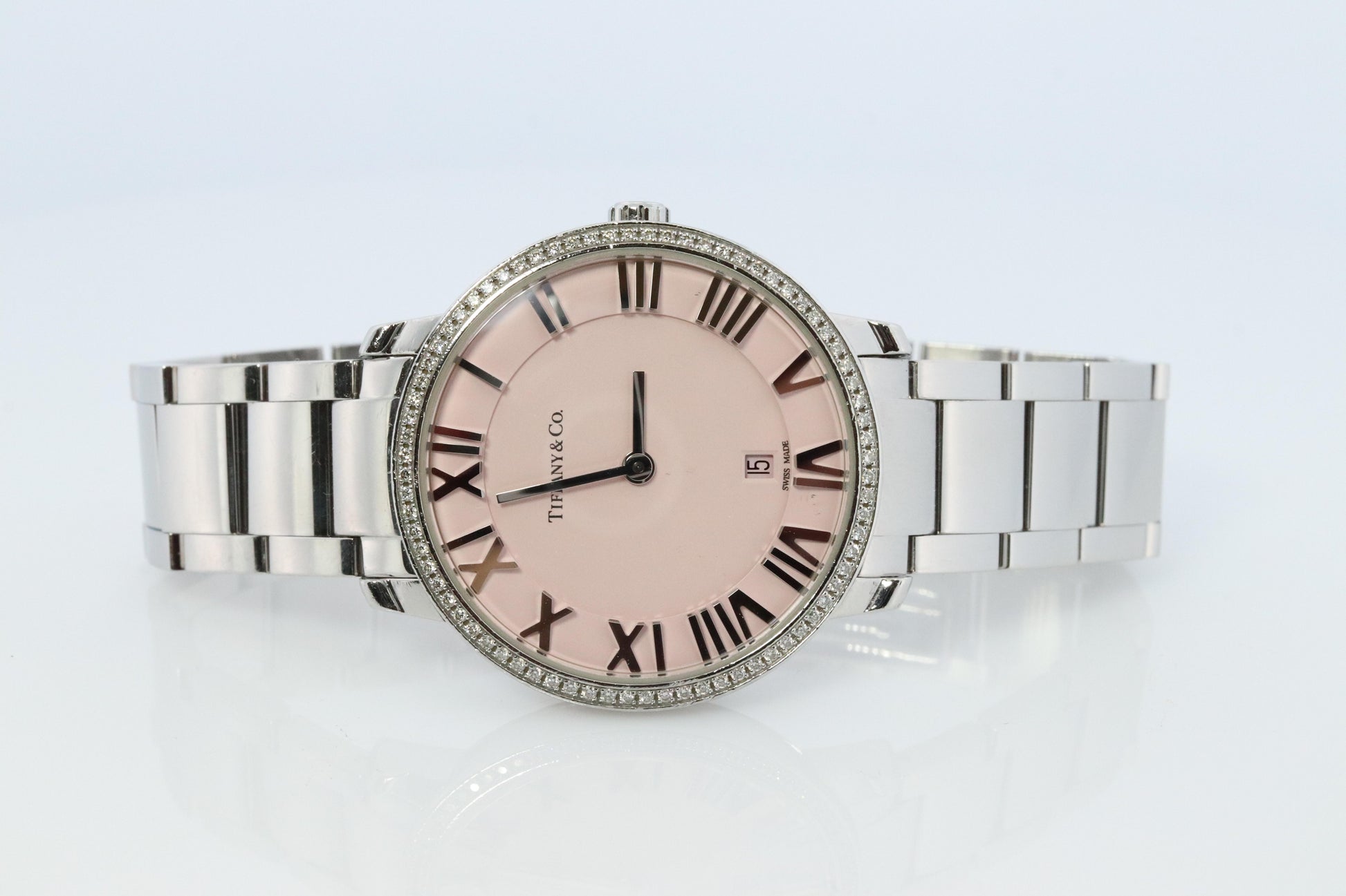 Tiffany and Co Watch. Tiffany Atlas Diamond Bezel 31mm PINK Dial Ladies Watch.