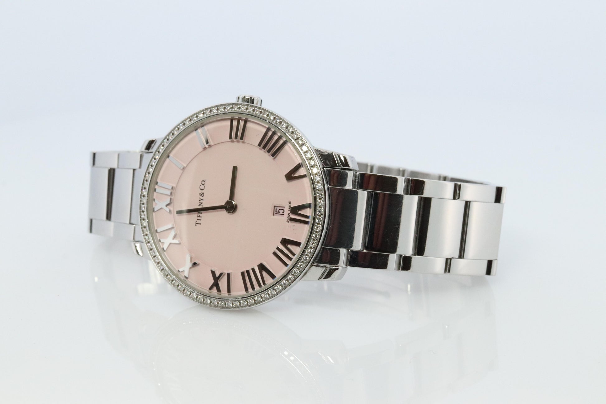 Tiffany and Co Watch. Tiffany Atlas Diamond Bezel 31mm PINK Dial Ladies Watch.