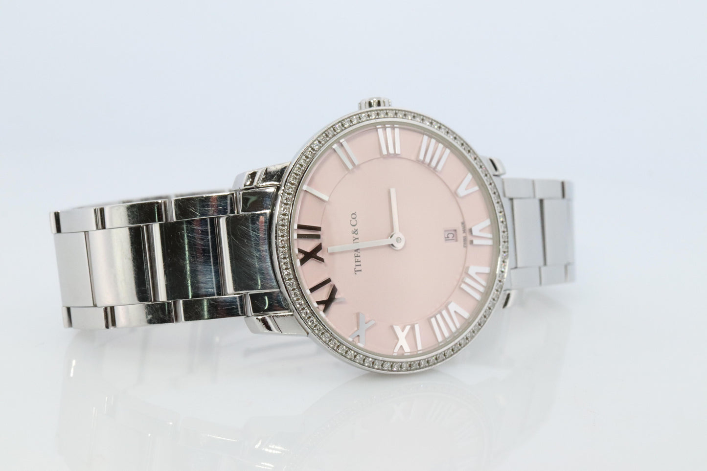 Tiffany and Co Watch. Tiffany Atlas Diamond Bezel 31mm PINK Dial Ladies Watch.