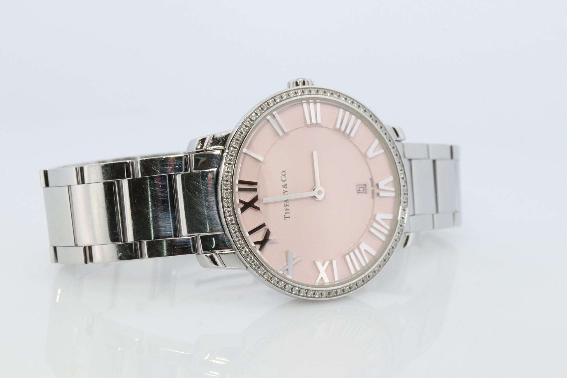Tiffany and Co Watch. Tiffany Atlas Diamond Bezel 31mm PINK Dial Ladies Watch.