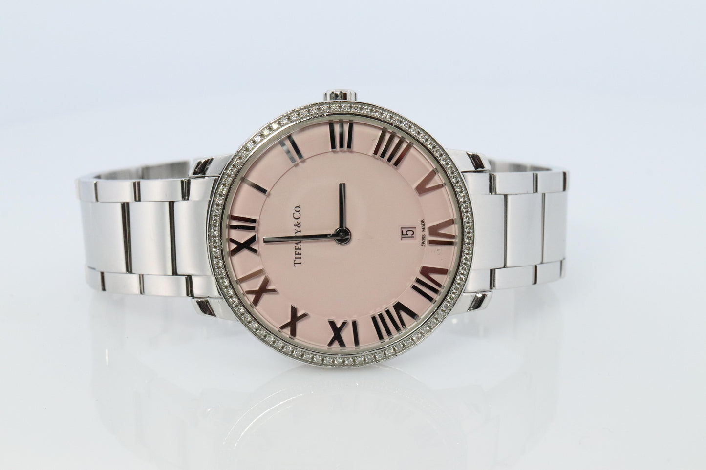 Tiffany and Co Watch. Tiffany Atlas Diamond Bezel 31mm PINK Dial Ladies Watch.