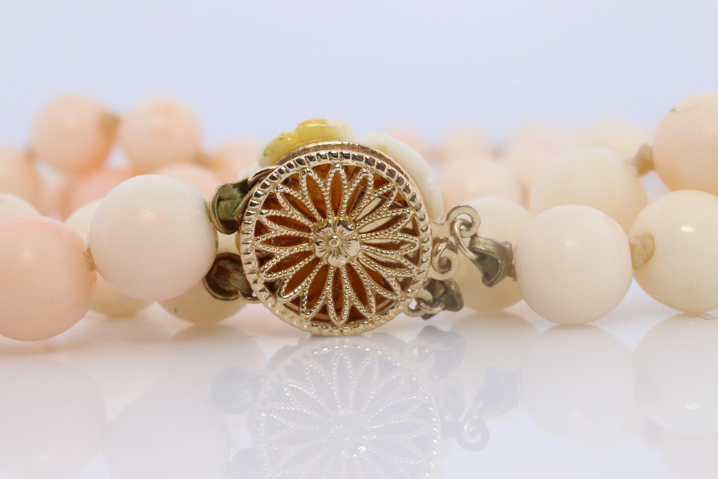 14k Coral Carved Angel Skin Salmon Bead Necklace. Two Strand Peach White Coral