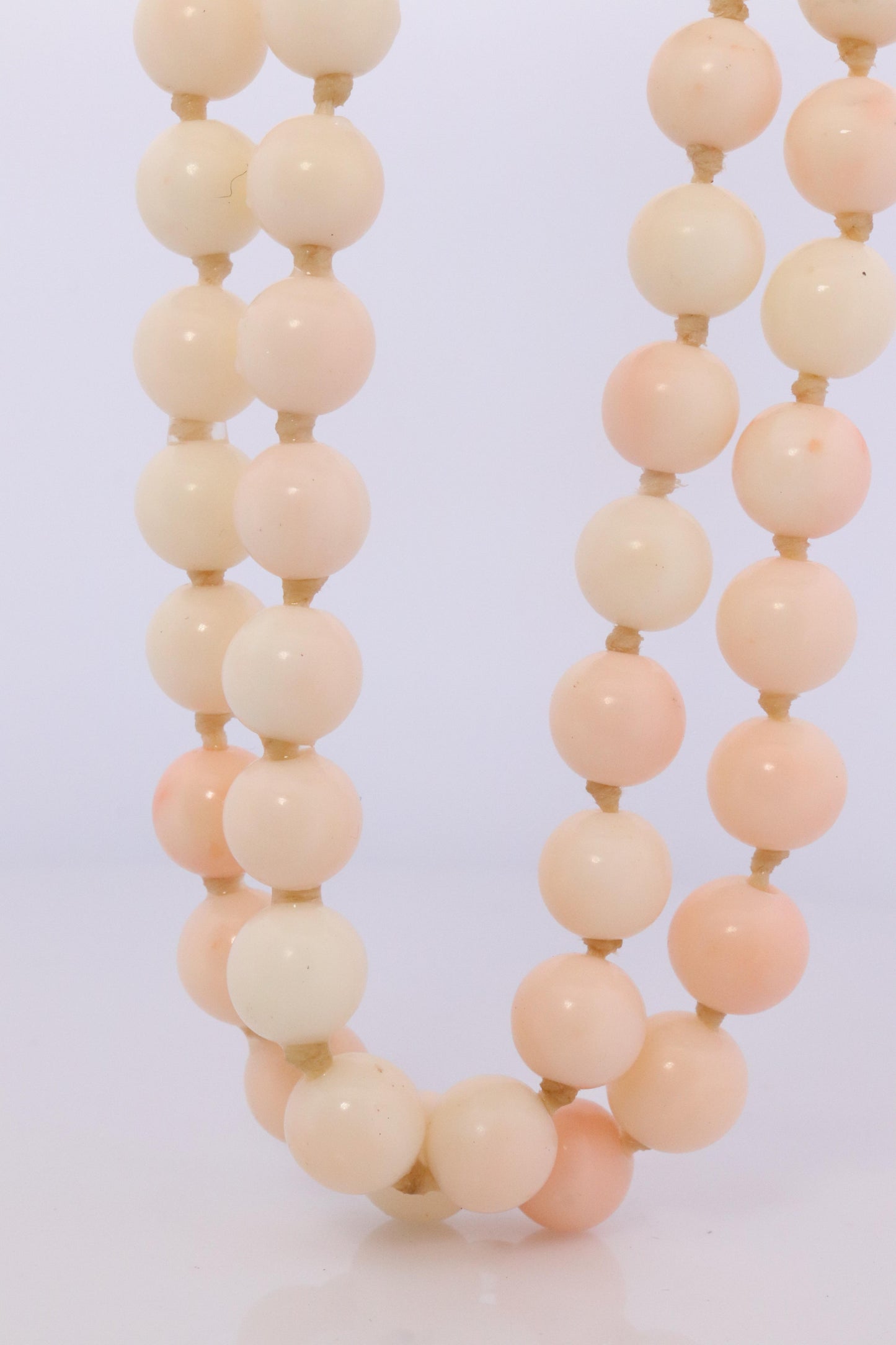 14k Coral Carved Angel Skin Salmon Bead Necklace. Two Strand Peach White Coral