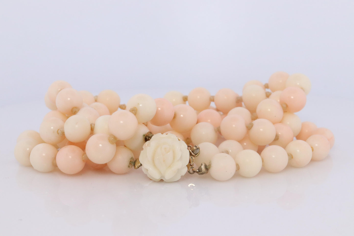 14k Coral Carved Angel Skin Salmon Bead Necklace. Two Strand Peach White Coral
