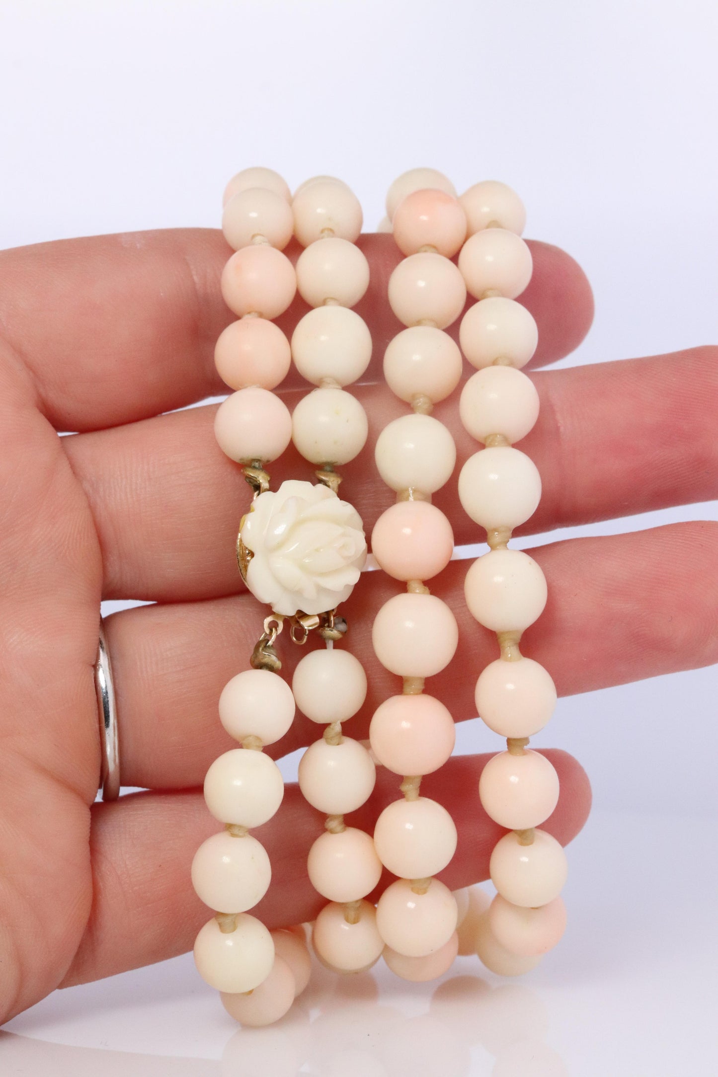 14k Coral Carved Angel Skin Salmon Bead Necklace. Two Strand Peach White Coral