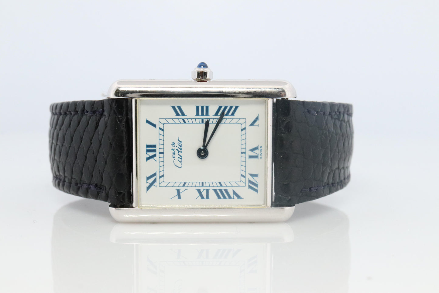 Vintage Must de Cartier Tank Watch. 925 Vermeil ARGENT White Blue Dial Tank