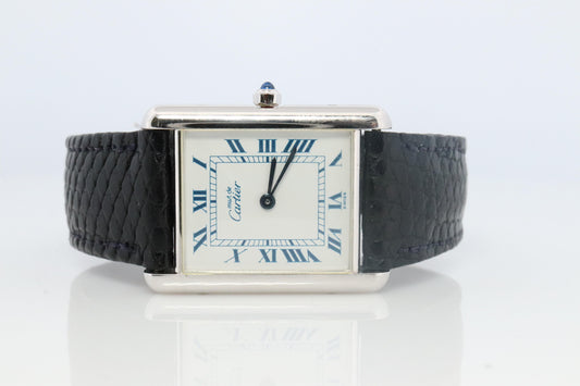 Vintage Must de Cartier Tank Watch. 925 Vermeil ARGENT White Blue Dial Tank