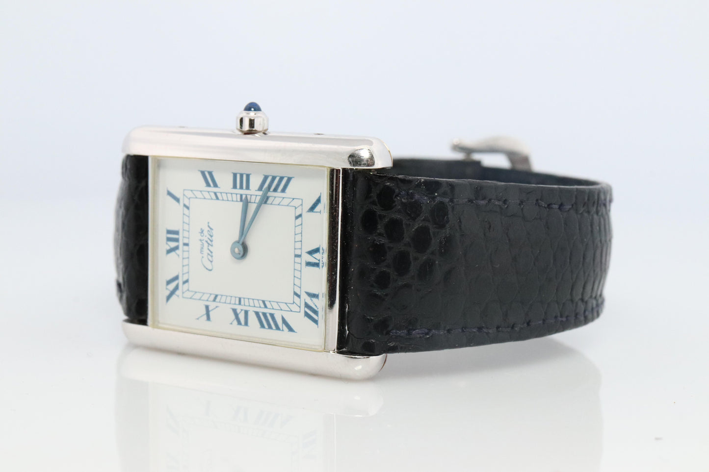 Vintage Must de Cartier Tank Watch. 925 Vermeil ARGENT White Blue Dial Tank