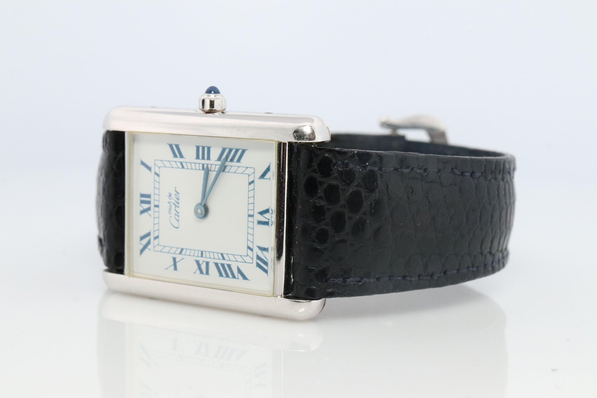 Vintage Must de Cartier Tank Watch. 925 Vermeil ARGENT White Blue Dial Tank