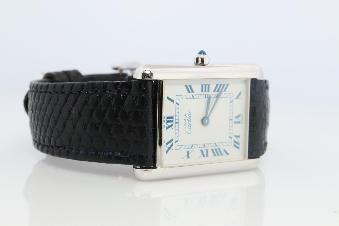 Vintage Must de Cartier Tank Watch. 925 Vermeil ARGENT White Blue Dial Tank