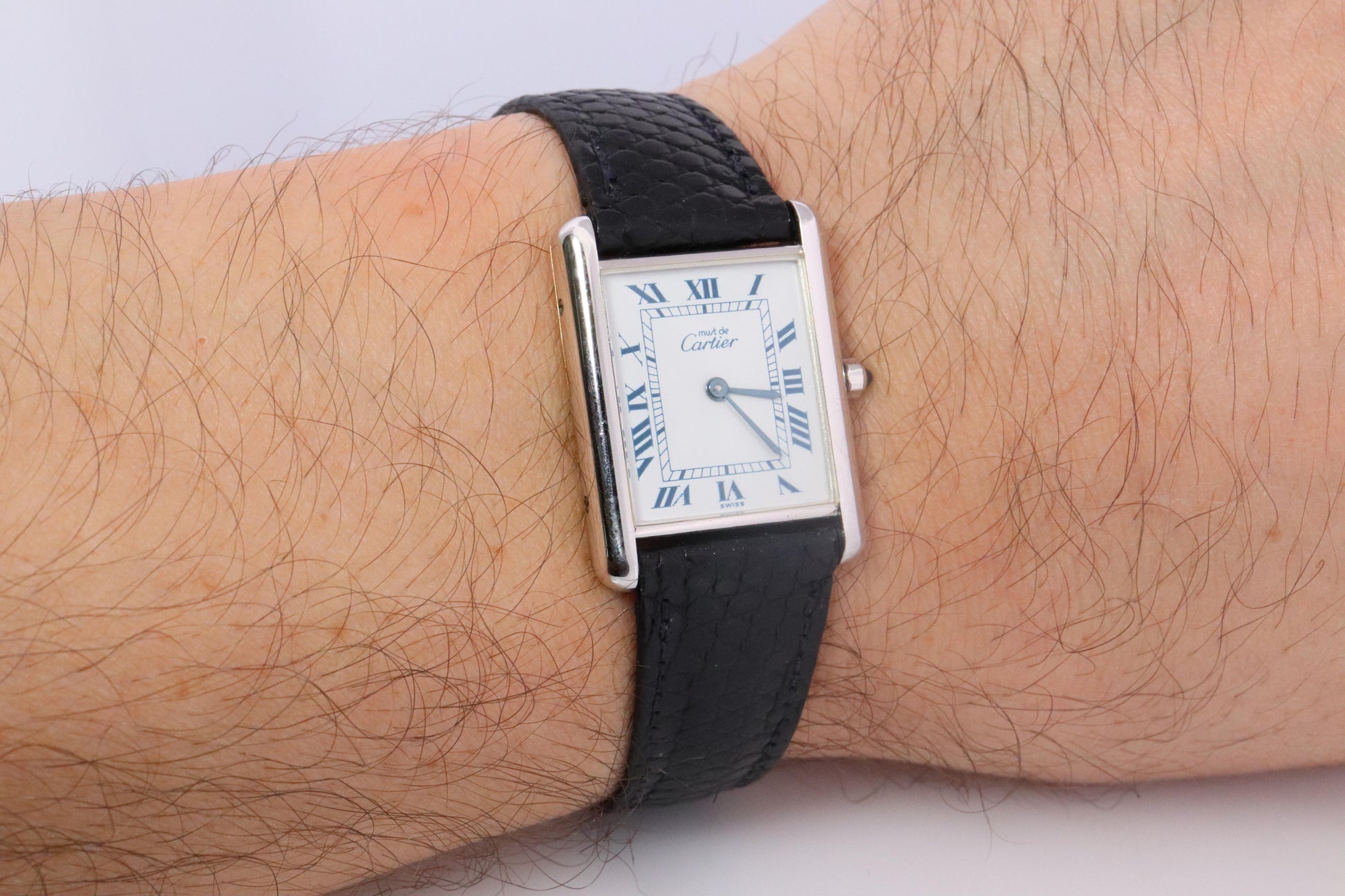 Vintage Must de Cartier Tank Watch. 925 Vermeil ARGENT White Blue Dial Tank