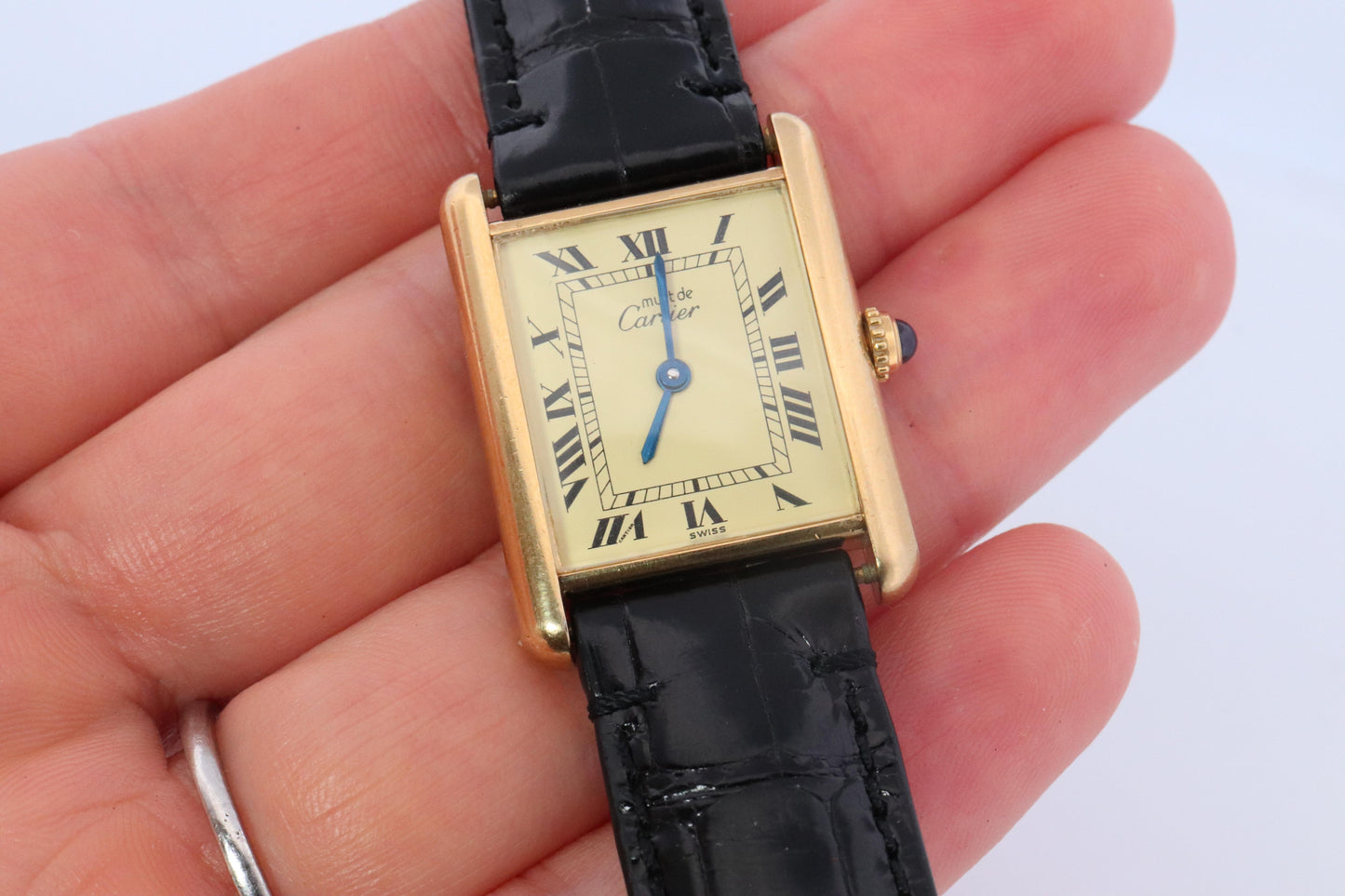 Vintage Must de Cartier Champagne Tank Watch. 925 Vermeil ARGENT Quartz Tank.