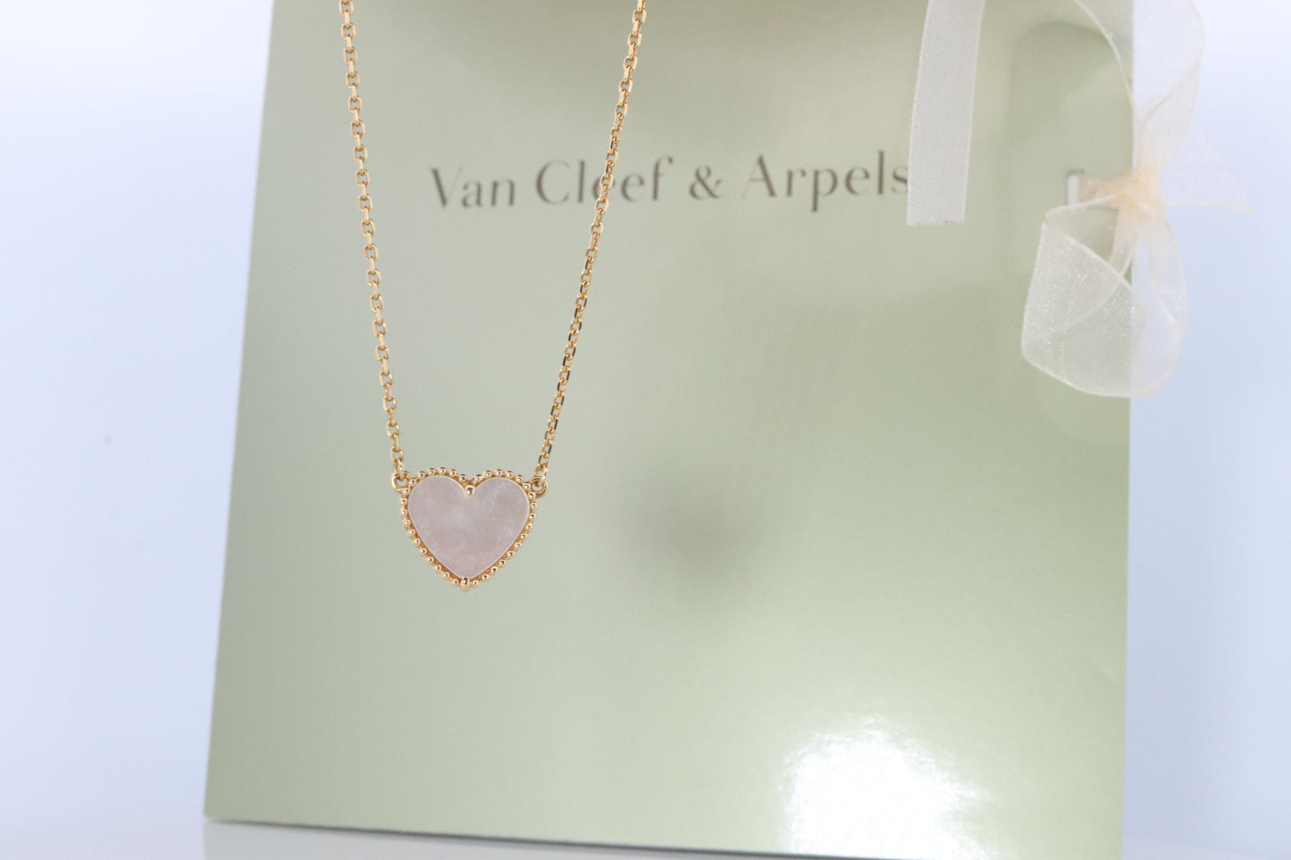 Van Cleef Arpels Lucky Alhambra Necklace. Genuine VCA 18k YG Shell Heart Pendant