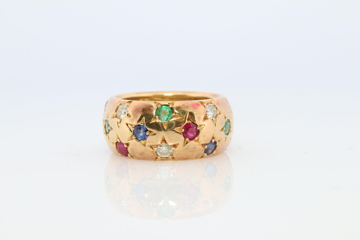 18k Confetti wide band. Diamond Ruby Sapphire Emerald Star Bezel Gypsy ring