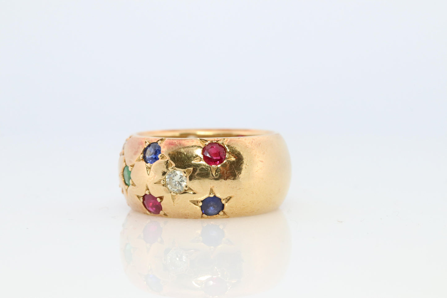 18k Confetti wide band. Diamond Ruby Sapphire Emerald Star Bezel Gypsy ring