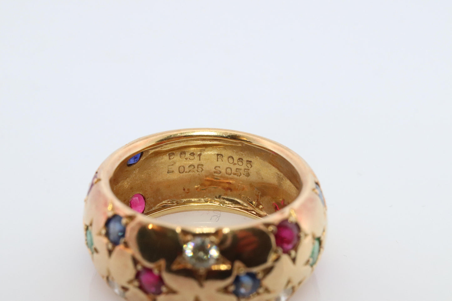18k Confetti wide band. Diamond Ruby Sapphire Emerald Star Bezel Gypsy ring