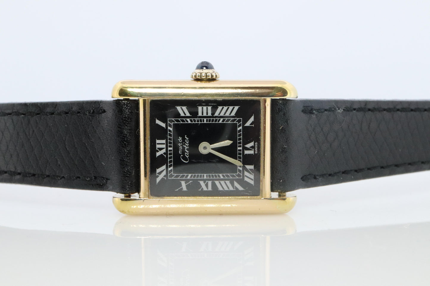 Vintage Must de Cartier Tank Black Dial Watch Vermeil ARGENT Small Manual Tank